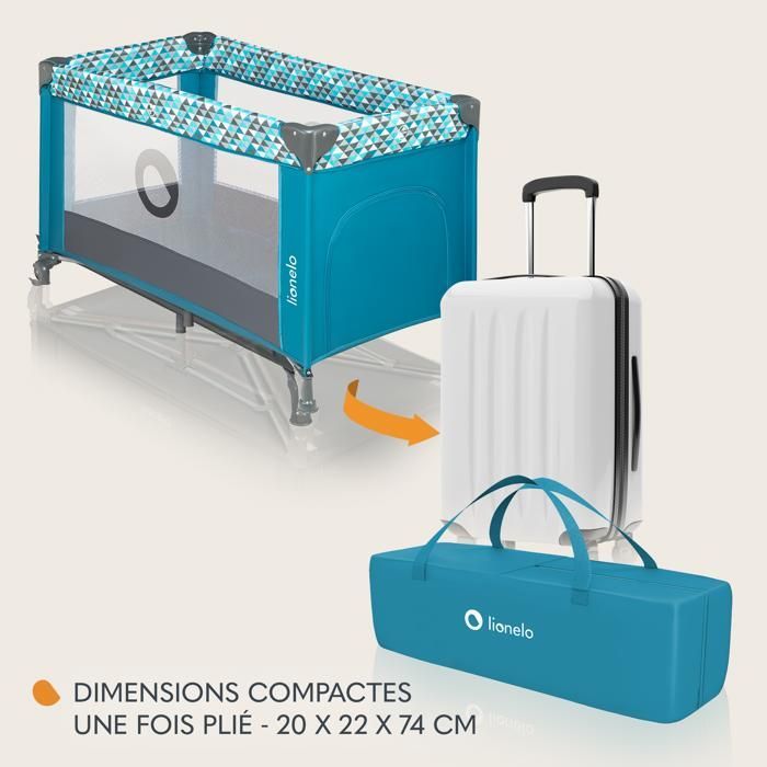 Cuna de viaje compacta 2 en 1 LIONELO de Stefi - Parque infantil - 0-36 meses - Bolsa de transporte - Plegado rápido - 2 ruedas - Turquesa