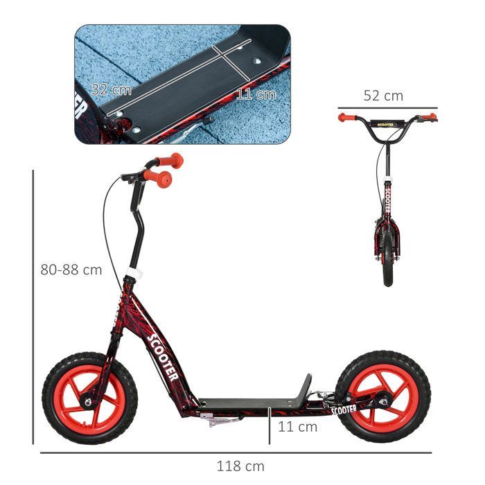 Patinete infantil - AIYAPLAY - Patinete para niños de 6 a 12 años, ruedas grandes de Ø 30 cm, freno, caballete - acero - rojo