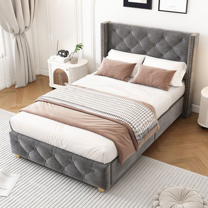 Letto singolo imbottito - TKOPY - Letto per bambini 90x200 cm, letto per ragazzi con rete a doghe, velluto grigio
