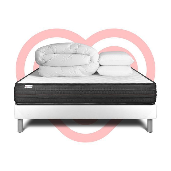 Pack lit complet - Matelas 180x200 cm + Sommier tapissier à lattes (en kit) + 2 oreillers + Couette - Vitalpower Blanc