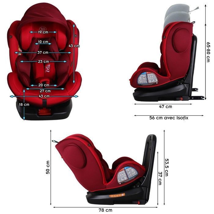 ZELI Siège-auto évolutif i-Size pivotant 360° enfants de 40 à 150 cm 0-36 kg Isofix Top Tether Rouge avec canopy