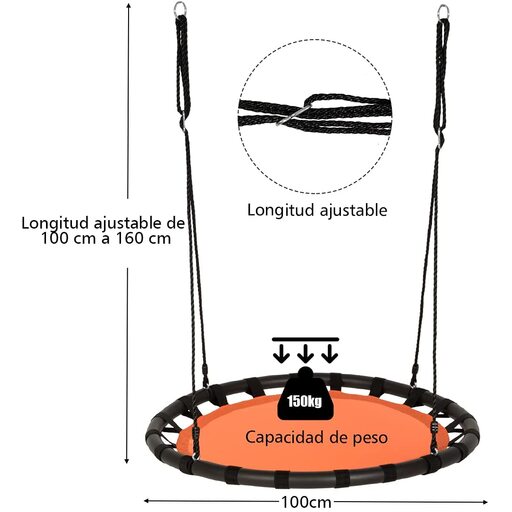 100 cm apvalios sūpynės su lizdu, 100–160 cm apkrova iki 150 kg