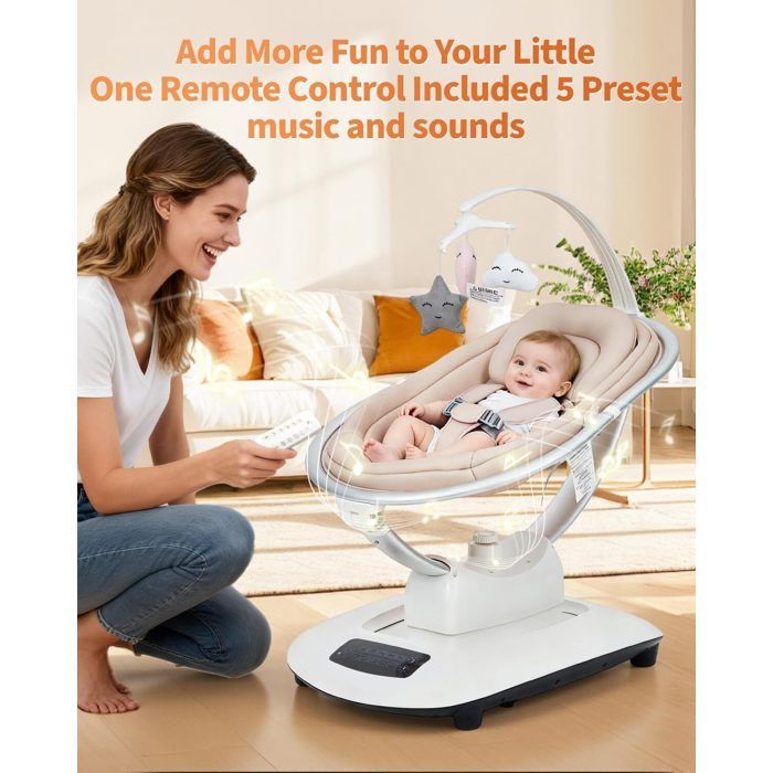 Columpio/saltador eléctrico 3 en 1 para bebés con control remoto, mesa de comedor, 5 modos de balanceo, temporizador y música - Caqui