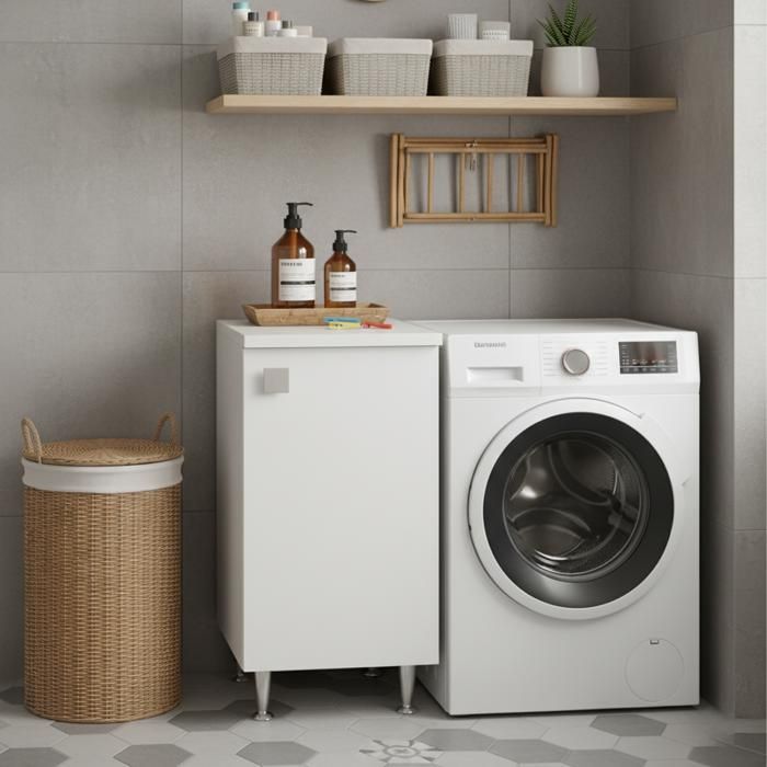 Meuble Bas Blanc Frêne 1 Porte Droite | Armoire Multiusage 50 cm avec Pieds Métal | Livré Monté pour Salle de Bain/Entrée/Buanderie