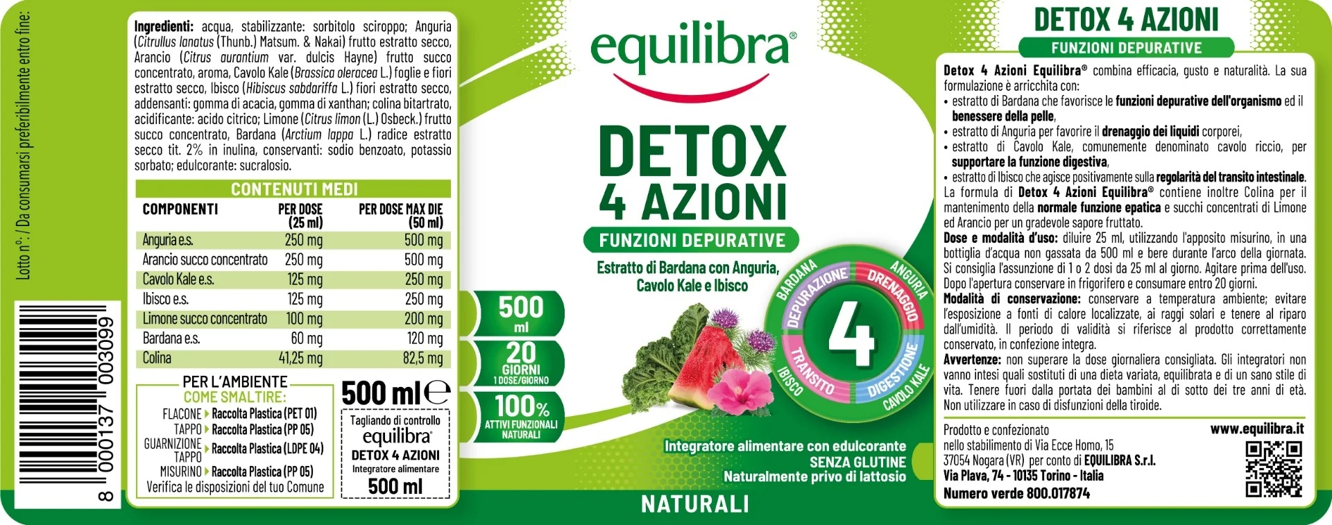 EQUILIBRA Equilibra Detox 4 effecten Fruitsmaak 500 ml Reinigend Ontvochtigend