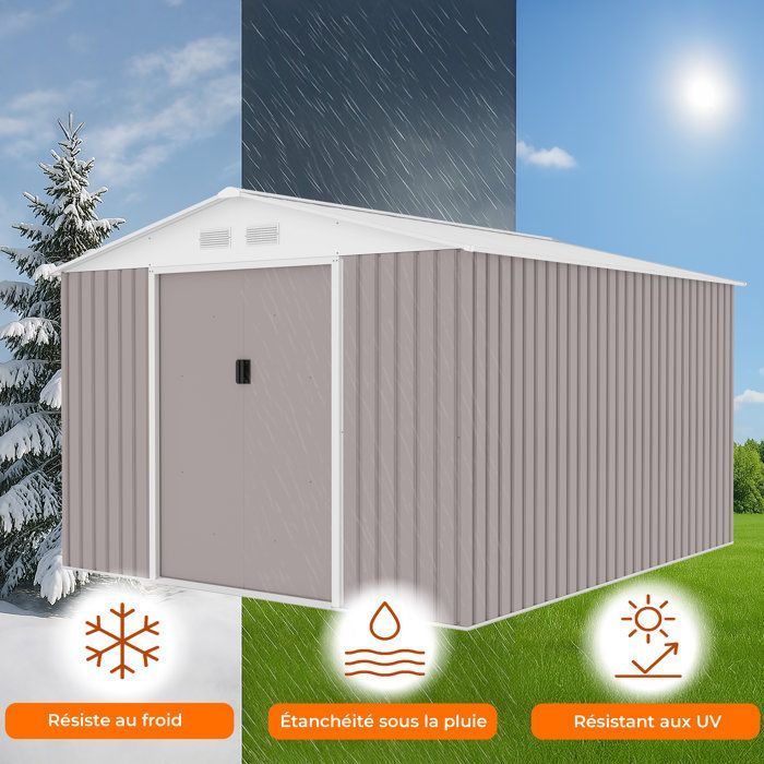 Abri de jardin en métal 8,84 m² - 277 x 319 x 202 cm - URANUS - Kit d'ancrage inclus, 2 portes coulissantes - Taupe