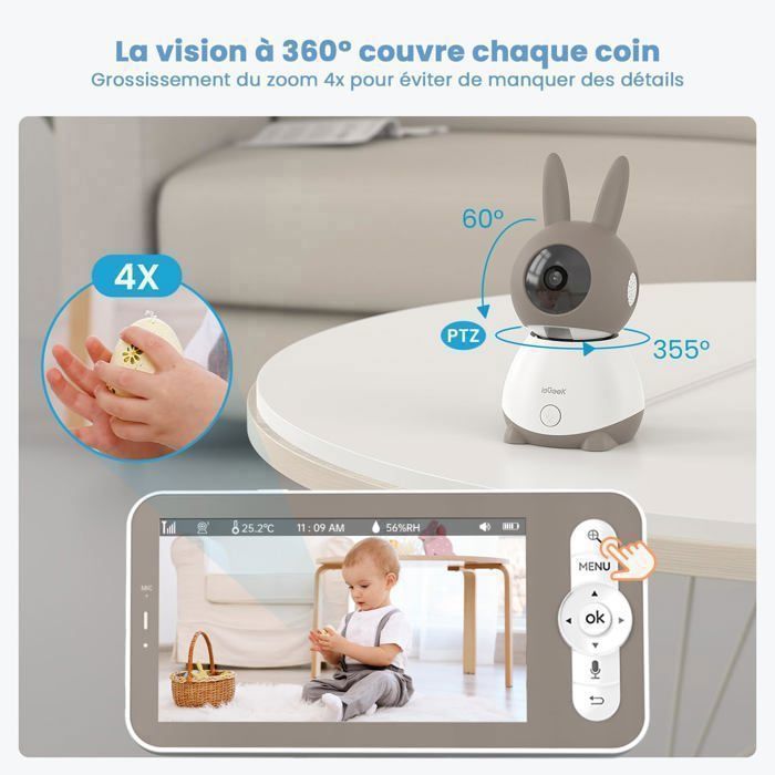 Babá eletrônica 2K/3MP de 5 polegadas com 2 câmeras, vídeo PTZ 360°, alertas inteligentes, visão noturna e rastreamento.