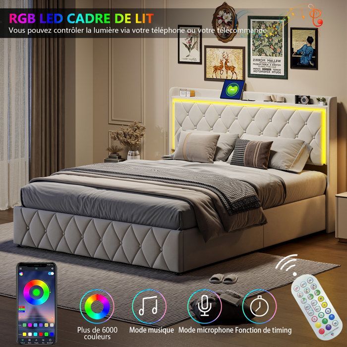 Lit 140x190 cm avec LED et USB - CWXL - lit coffre 140x190 avec sommier à lattes - cadre de lit adulte - tissu en velours - beige