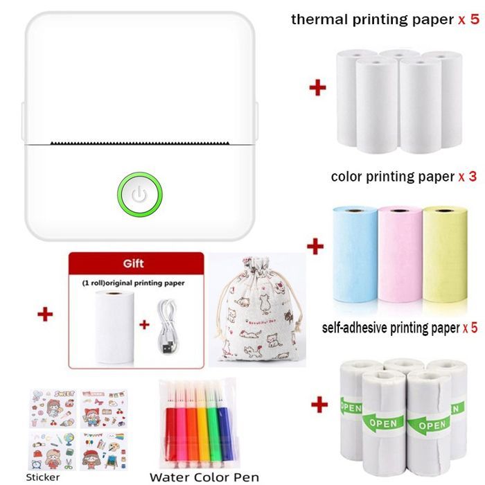 Mini impresora fotográfica portátil inalámbrica Bluetooth, compatible con smartphones, kit completo con pegatinas de papel de colores, blanca.