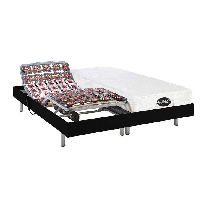 Cama eléctrica de relajación con base de láminas + colchón de espuma viscoelástica y bambú - 2 x 90 x 200 cm - Negra - LYSIS III de NATUREA