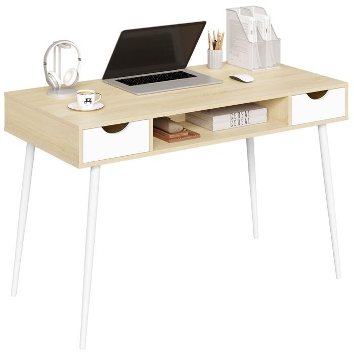 WOLTU Metal and Wood Computer Desk, Office Table with 2 Drawers and 1 Open Compartment, 120x58x77cm, Oak