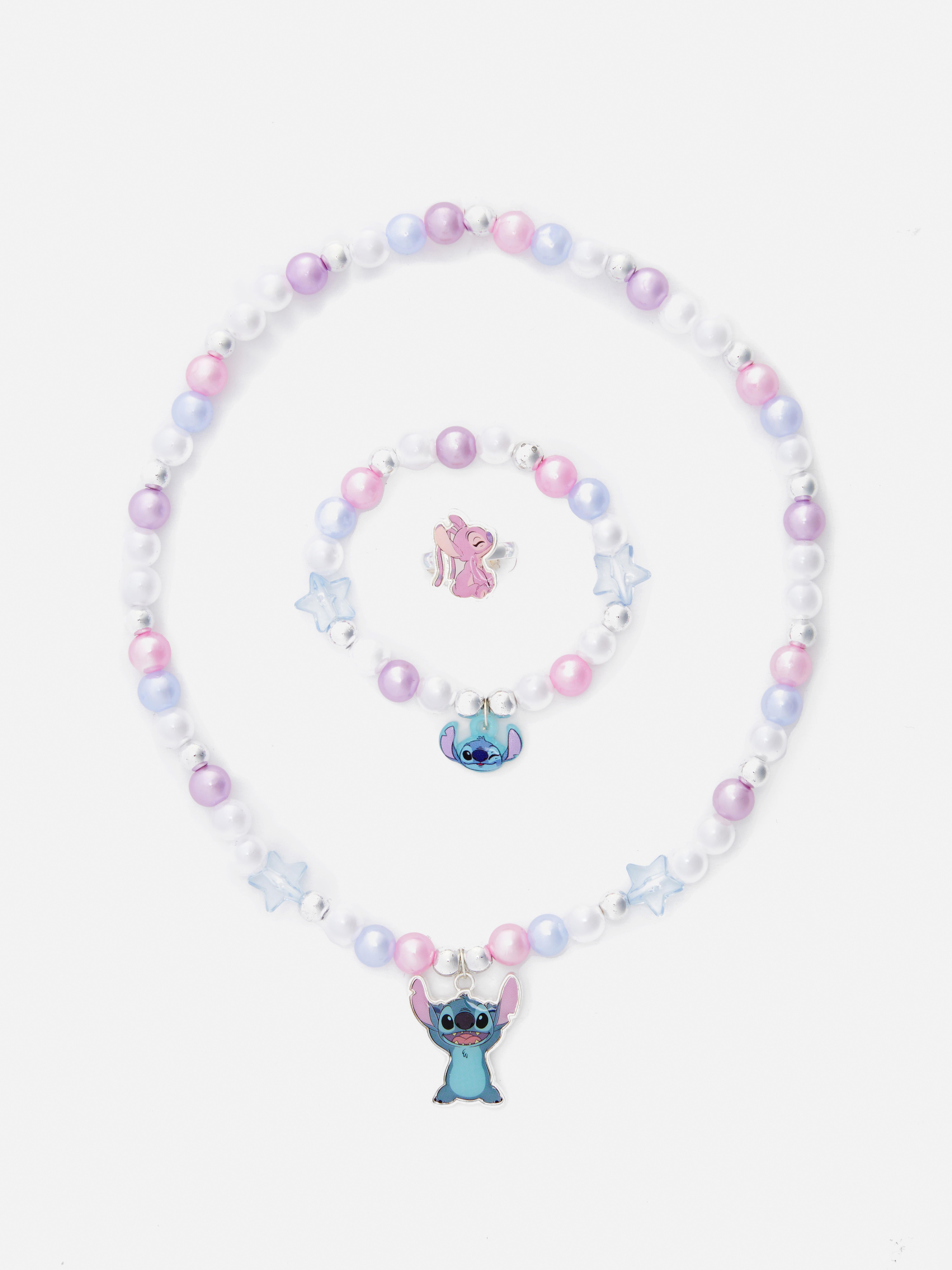 Bijuterii cu mărgele Disney Stitch, set de 3. Un set de trei bijuterii cu personaje Disney, inclusiv colier, brățară și inel.