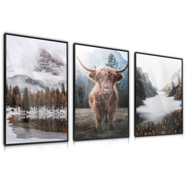 ZESTAW 3x Plakat W Ramie Góry LAS We Mgle Krowa 30x40cm