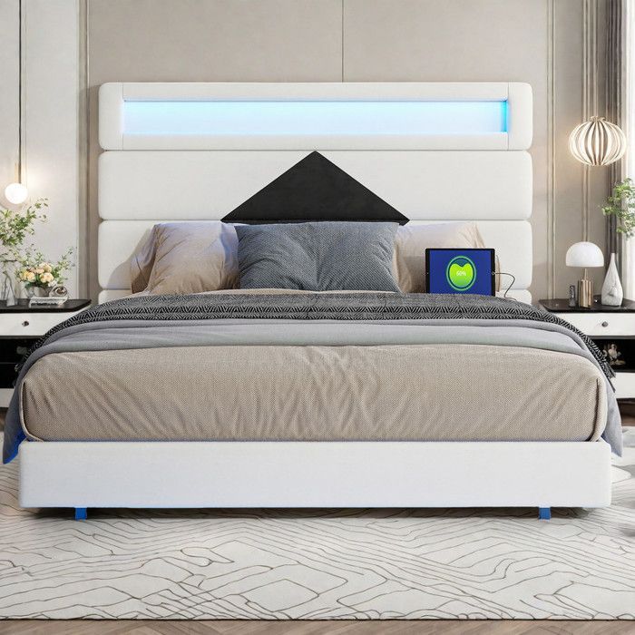 Cama doble de 140x190 cm - Beige - Iluminación LED - Cabecero ajustable - USB integrado
