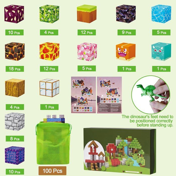 Juego de 100 bloques de construcción magnéticos - Juguete magnético para armar con 4 dinosaurios - Regalo para niños de 3, 4, 5, 6, 7 y 8 años.