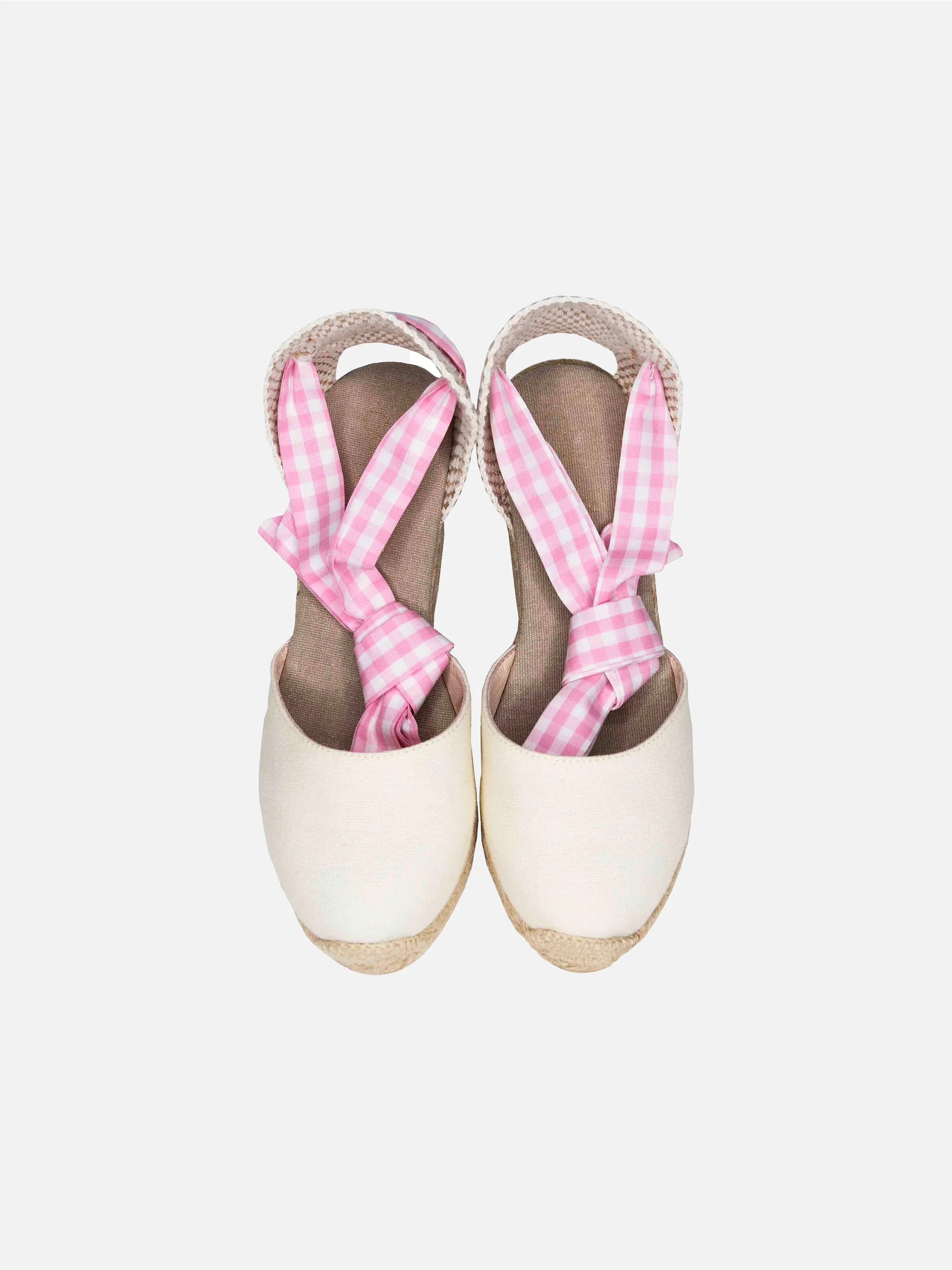 Espadrillas in canvas stampa naturale con zeppa alta e laccio alla cav