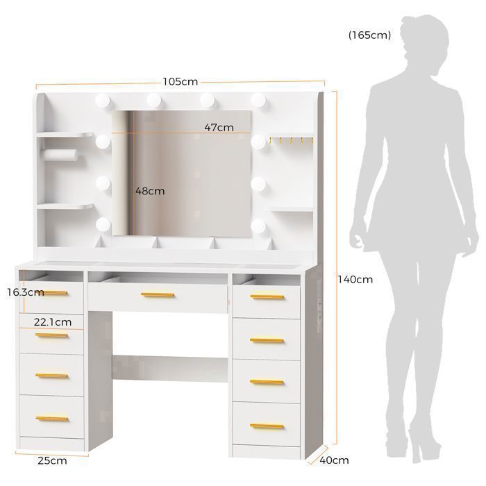 Coiffeuse Grande avec Miroir , LED Réglable, Prise et Port USB, 9 Tiroirs, 105X40X140cm，Blanc