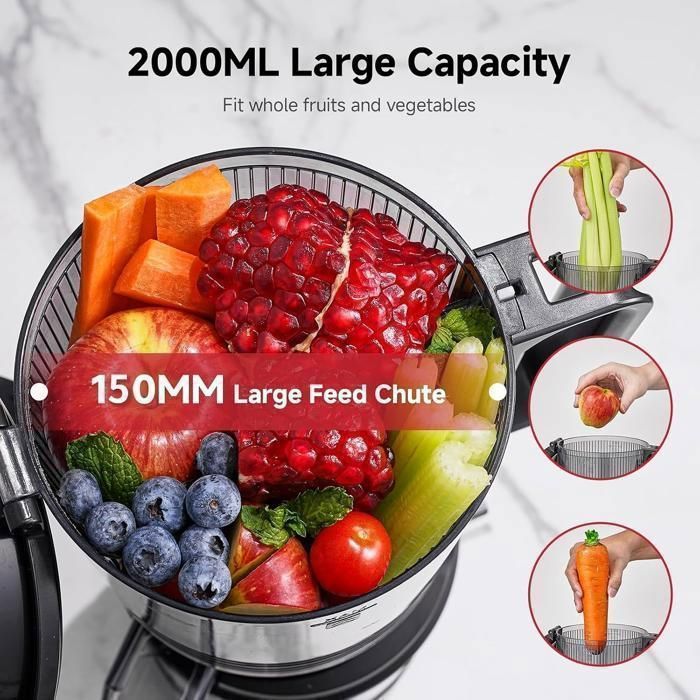 Extracteur de Jus AMZCHEF, Grande Ouverture 150mm, Extracteur de Jus de Fruits et Légumes, Rendement en jus de 99 %, 2L