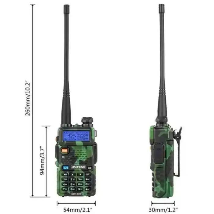 Radio walkie-talkie Baofeng UV-5R FM VHF/UHF con doble banda, pantalla, modo de espera y reloj incorporado (auriculares incluidos, camuflaje).