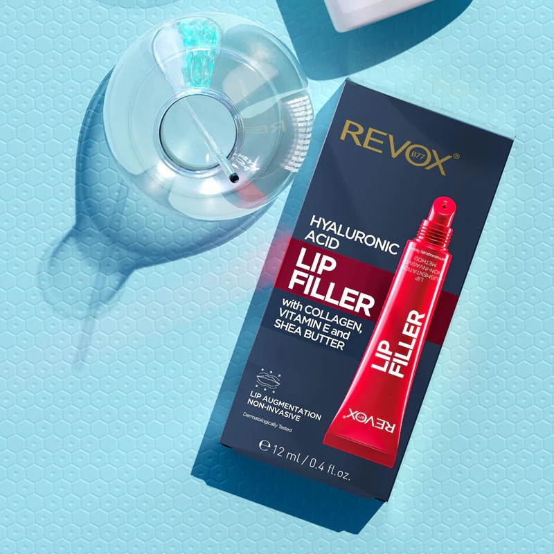 „Revox B77 Lip Filler“ drėkinamasis lūpų balzamas su hialurono rūgštimi, suteikiantis apimties.