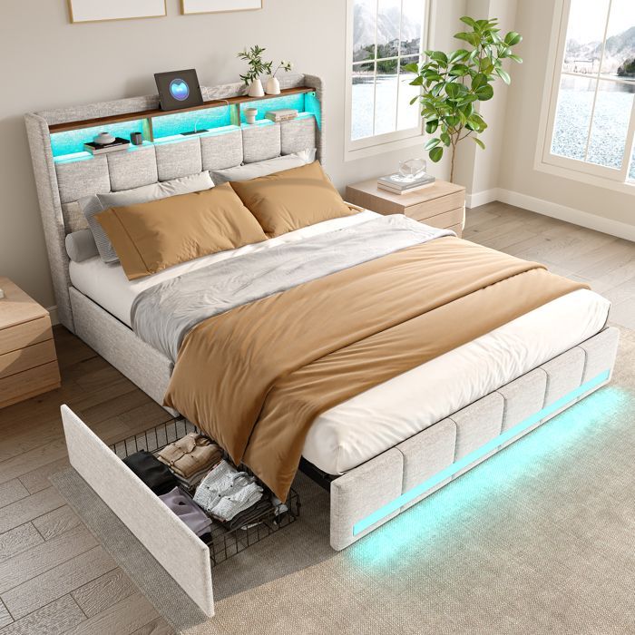 Lit double 140x190 - HOFURNI - Moderne - 4 tiroirs - USB rechargeable - LED réglable