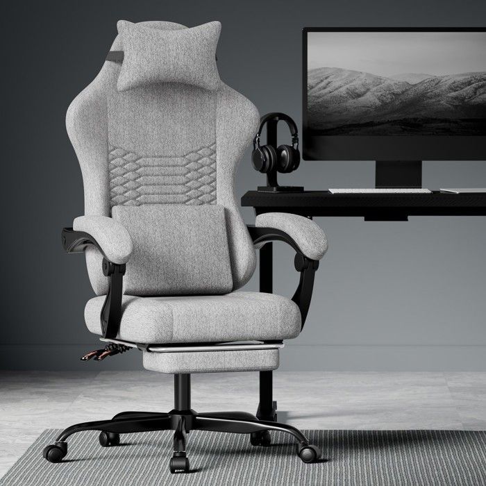 Fauteuil De Bureau Gaming, Chaise gaming massage ergonomique racing, appui-tête, repose-pieds, Gris Clair, 58.5x63x120.5cm