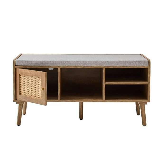 CALICOSY - Shoe bench with 1 door and rattan front, 100 cm wide, PALMO - Light wood
