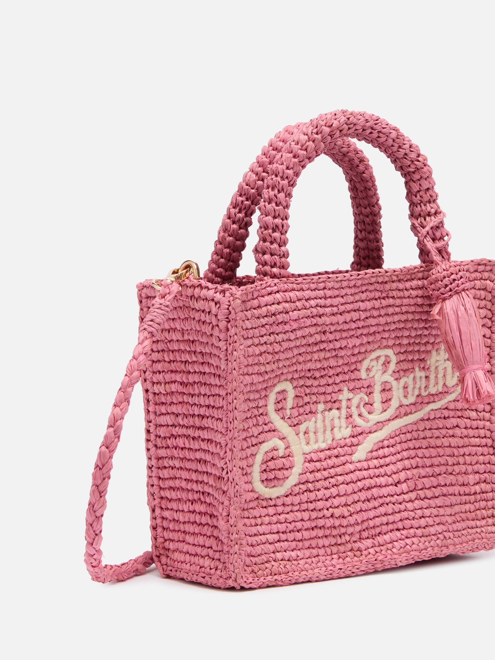 Mini-Kosmetiktasche aus rosa Bast mit Saint-Barth-Stickerei
