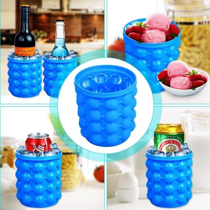 Rafraichisseur vin - Portable 2 en 1 - Seau à glace silicone - Double chambre 120 glaçons - Bleu