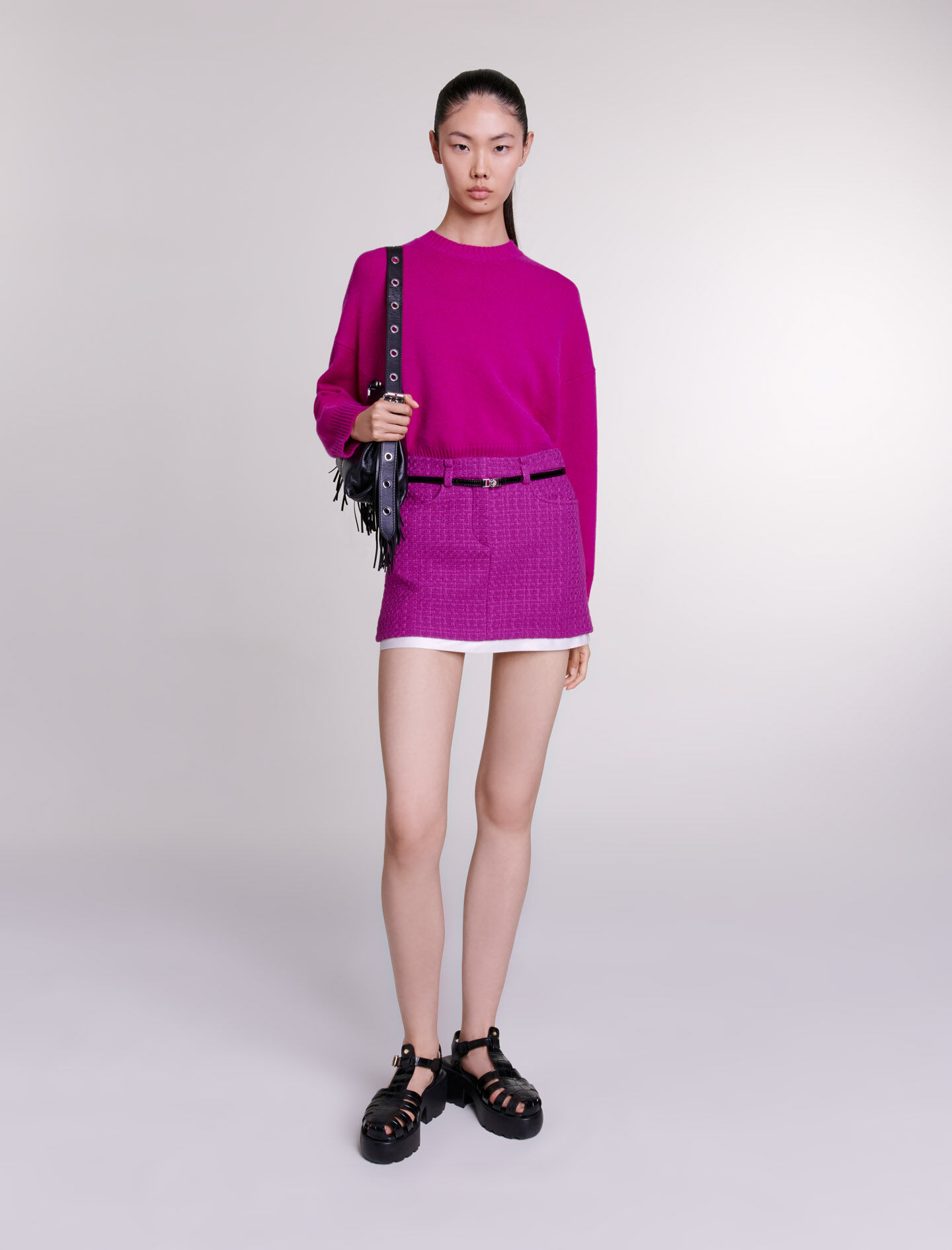 Fustă mini tweed - roz fuchsia