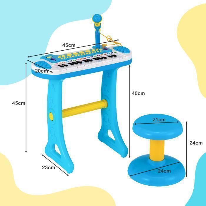 Piano electrónico para niños de 3 años, 31 teclas con taburete, COSTWAY - Micrófono, efectos de luz, 7 ritmos - Parada automática - Azul