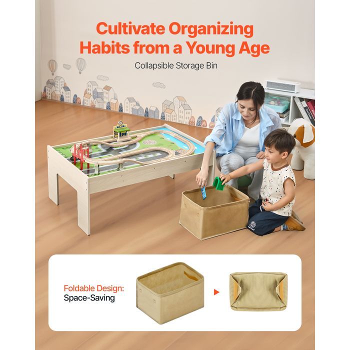 Table Circuit Train Bois-VEVOR-84 PCS-Bac Rangement Pliable-Table d'Activités 3 en 1 Double Face-pour Enfants 3 Ans et Plus
