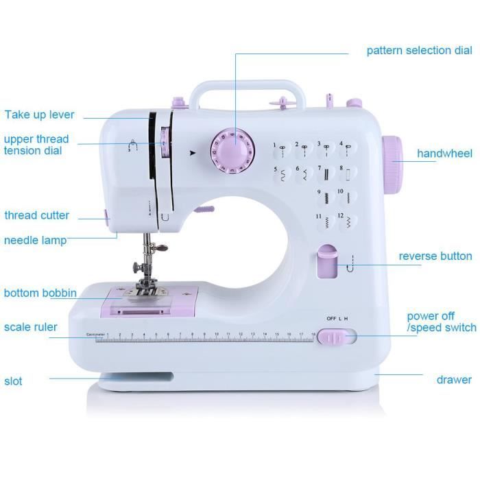FHSM-505A Elektronische naaimachine voor beginners, 12 steken, wit, mini draagbare naaimachine