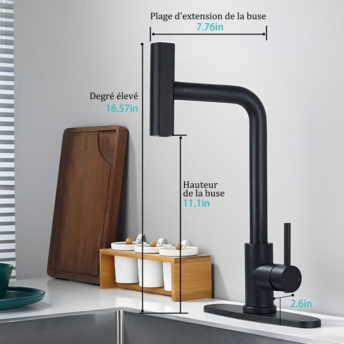 Robinet de Cuisine, Douchette Extractible 4 Modes, Mitigeur Cuisine Chaud et Froid, Rotation à 360° , Acier inoxydable - Noir