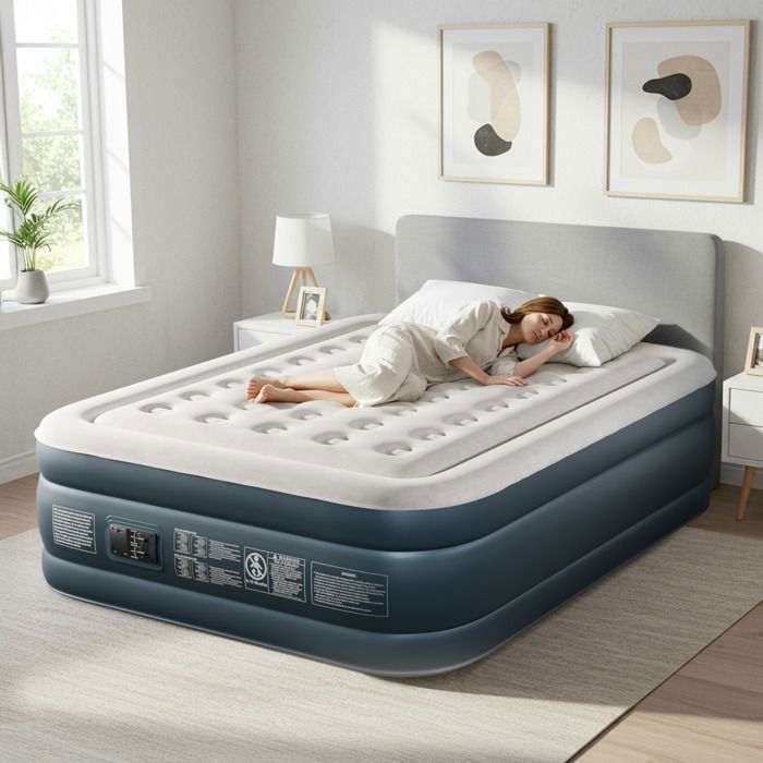 Colchón hinchable para 2 personas, con bomba eléctrica integrada y superficie aterciopelada suave, ideal para camping y hogar, 203 x 153 x 45 cm, color blanco.