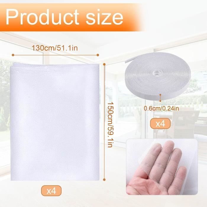 Moustiquaire - 130cm x 150cm - Installation sans perceuse - Ajustable - 4 Pcs avec bandes autocollantes