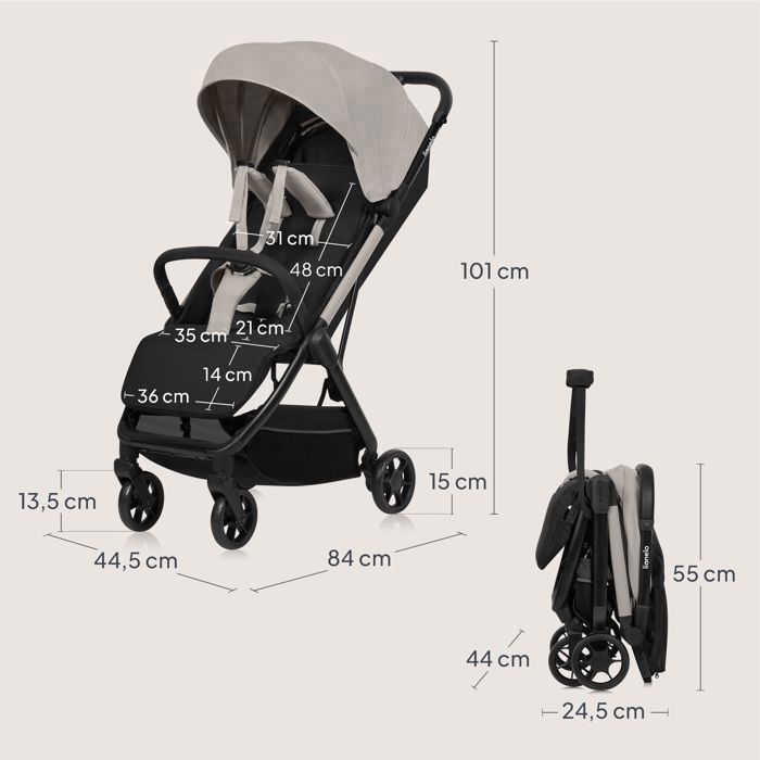LIONELO Julie Air Ultra-Compact Stroller - Automatic Folding - Airplane Compatible - Up to 22kg - UPF 50 Canopy - Beige