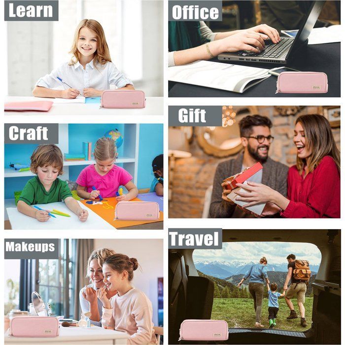 Pink 3-compartment pencil case, for school/office/makeup/business cards.