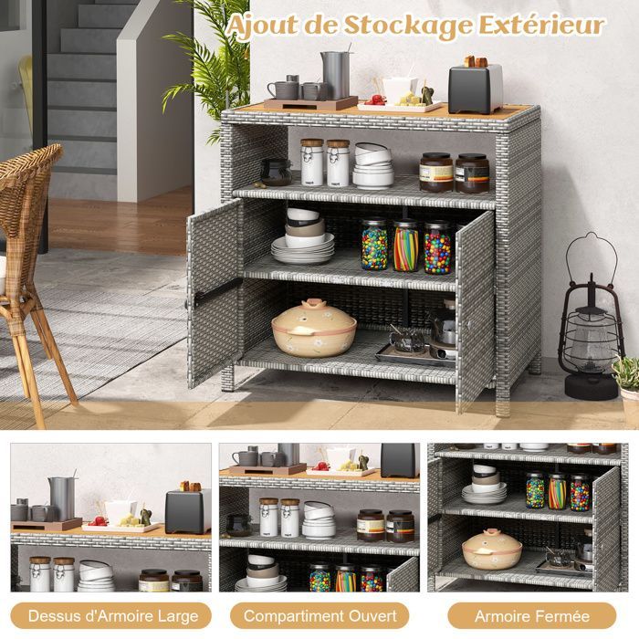 COSTWAY Coffre de Rangement en Rotin avec Plateau en Acacia, 2 Portes, Armoire de Jardin en Osier pour Piscine Terrasse Patio, Gris