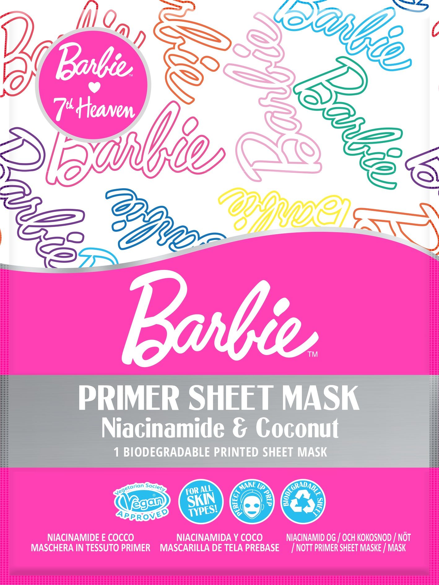 Barbie „Primer“ lakštinė veido kaukė su niacinamidu ir kokosu Veido kaukės