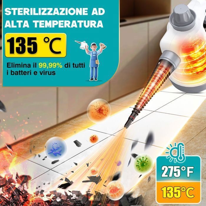 Pulitore a vapore, pulitore a vapore multiuso, dispositivo per la rimozione delle cimici dei letti con 12 accessori per macchie su finestre, divani, auto e cucine.