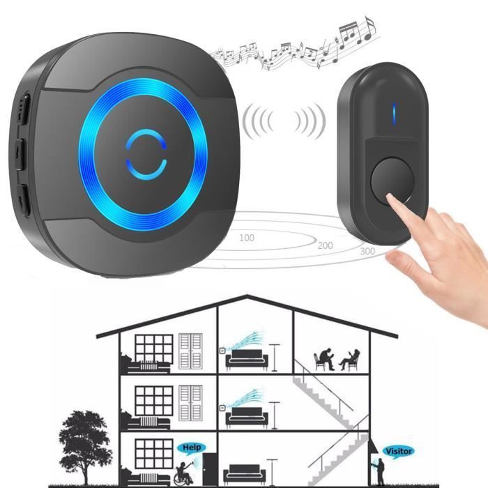 Sonnette de Porte sans Fil 300M IP55 Étanche Carillon Electronique avec Récepteur Enfichable pour la Maison 55 Mélodies LED Noir