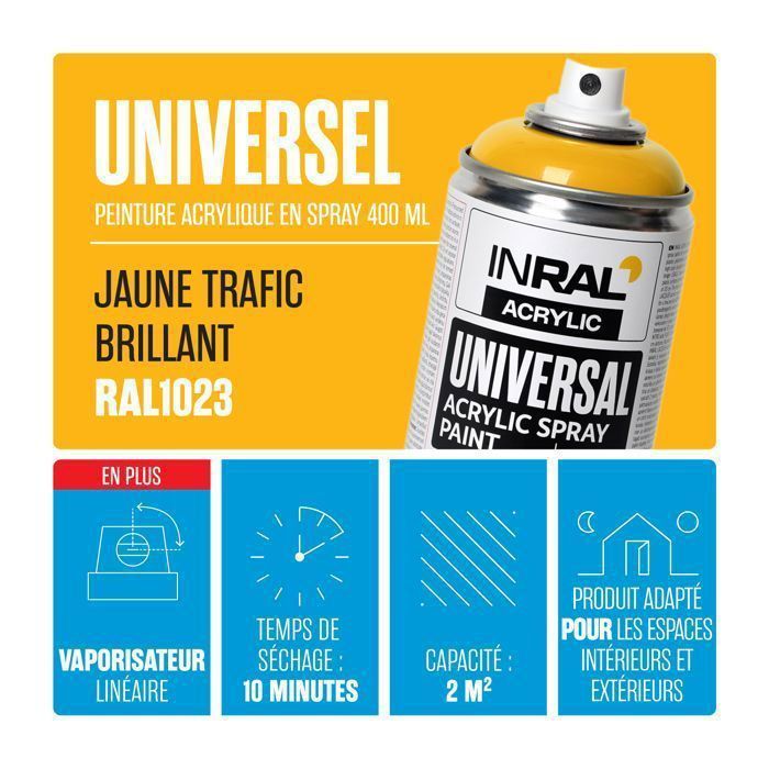 INRAL RAL1023 Gloss Signal Yellow Acrylic Spray Paint – Fast Drying, Durable Indoor/Outdoor Protection – 400 ml
