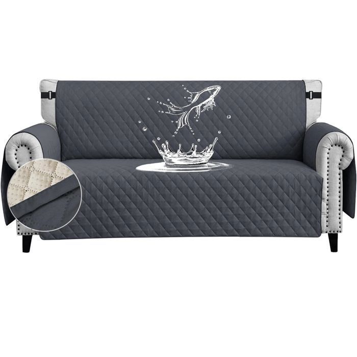 Funda para sofá de 3 plazas de 170 cm, impermeable, con reposabrazos, reversible, protectora, antideslizante, con bolsillos, color gris.