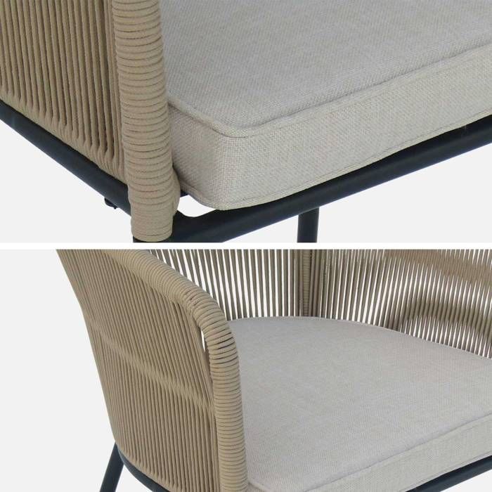 Juego de 2 sillas de jardín de cuerda beige y acero galvanizado. Cojín beige.