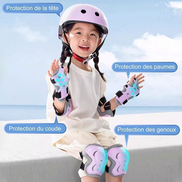 Wozwe® Professional Casque de sport pour enfants, genouillères et coudières, set de 7 pièces, bleu (2-14 Ans)