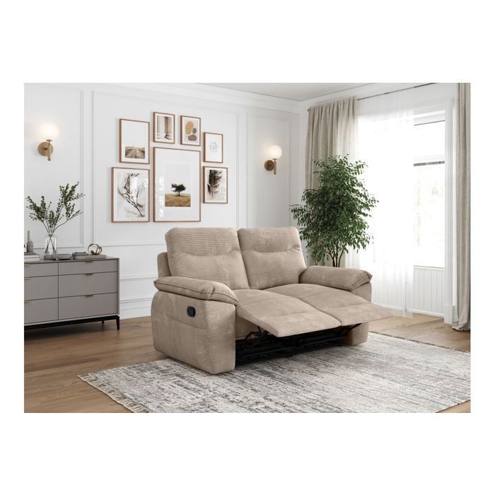 Sofá reclinable manual de 2 plazas ROSS en pana - Color topo - 160 x 100 x 102 cm - LOUNGITUDE
