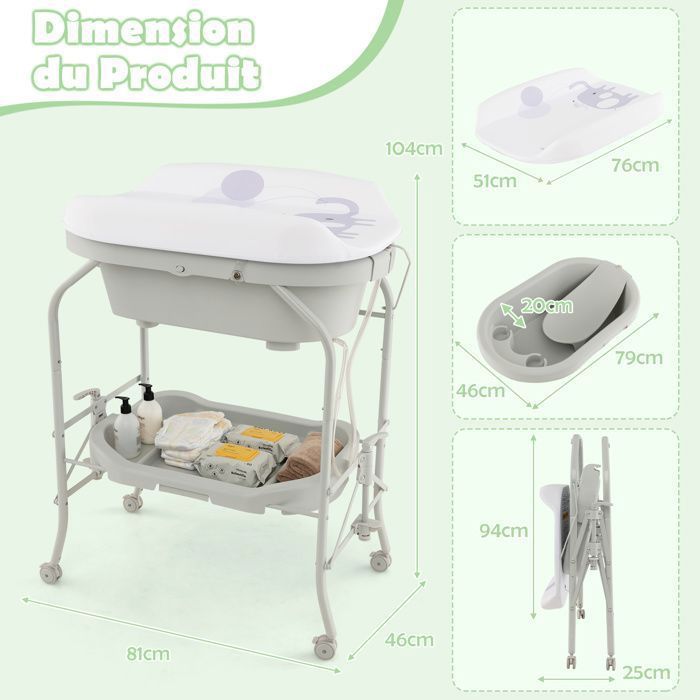 Cambiador para bebés COSTWAY 4 en 1 con bañera plegable de 20 L - 4 ruedas, manguera de 1 m, bandeja de almacenamiento, cojín de PVC impermeable - Gris claro