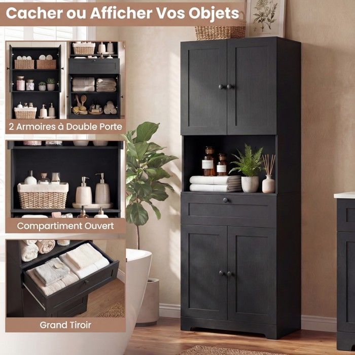 GIANTEX Armoire de Salle de Bain Haute, Étagères Réglables, Meuble Multi-Usage pour Cuisine, Salon, Buanderie, Noir