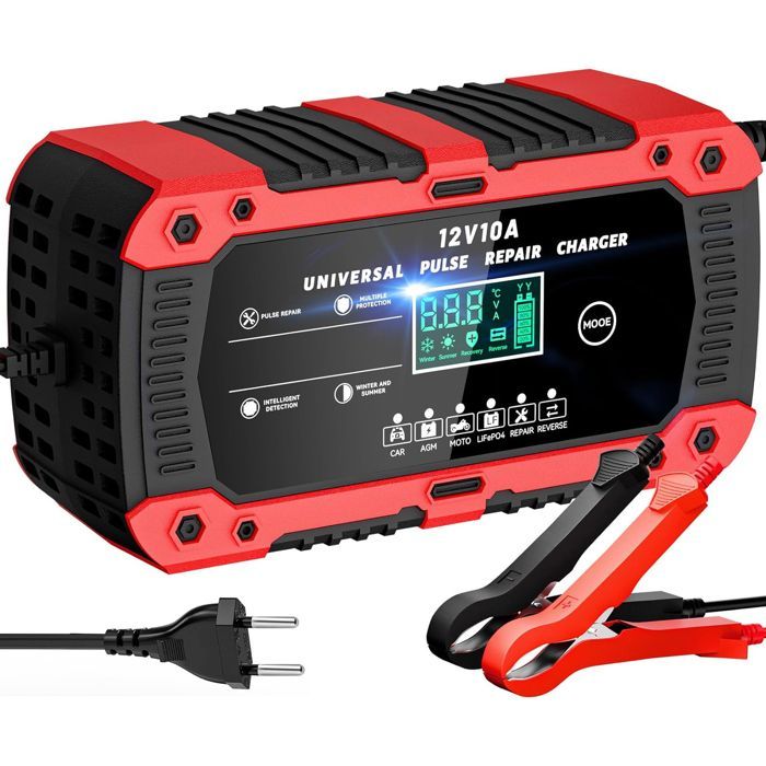 Cargador de batería para coche LiFePO4 de 12 V y 10 A, cargador inteligente para coches y motocicletas con pantalla LCD y reparación automatizada.